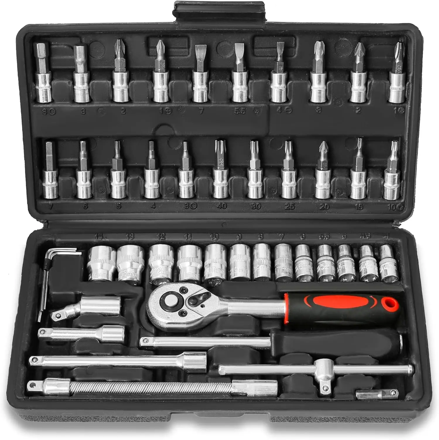 46Pcs 1/4” Drive Socket Set with Ratchet Wrench Hex Bit Socket Set Torx Bit Socket Set Extension Bar for DIY, Car Repair