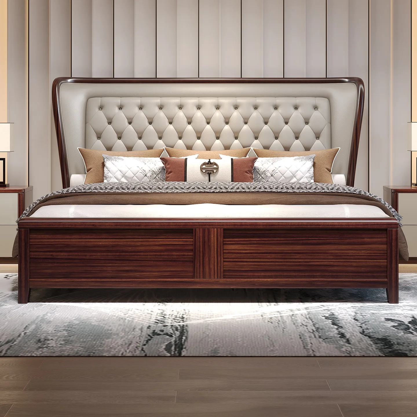 

Modern Minimalist Chinese-Style Solid Wood Bed with Soft Headboard 1.8m Double Size Ebony Veneer and Upholstered Storage Space