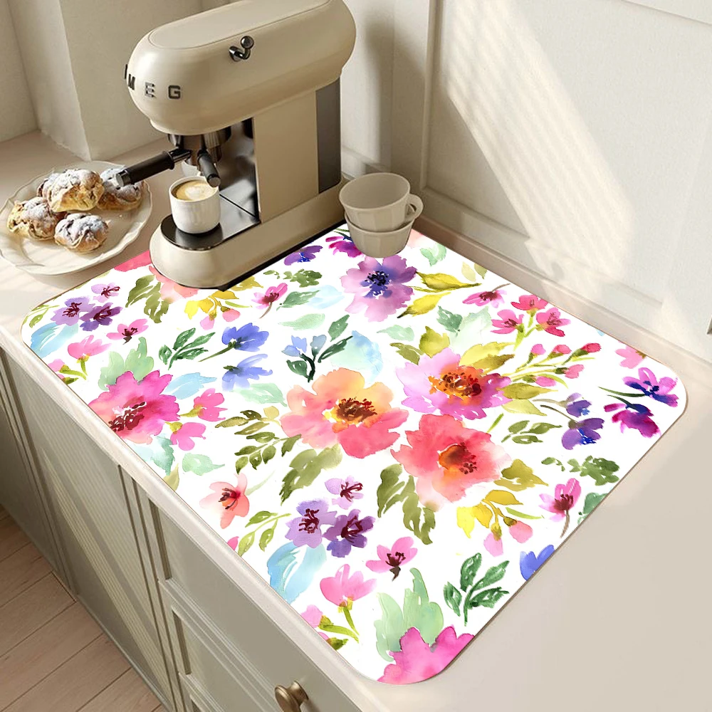Watercolor flower Super Absorbent Dish Drying Mat for Kitchen Tableware Pad Dish Mat Non-slip Placemat Cushion