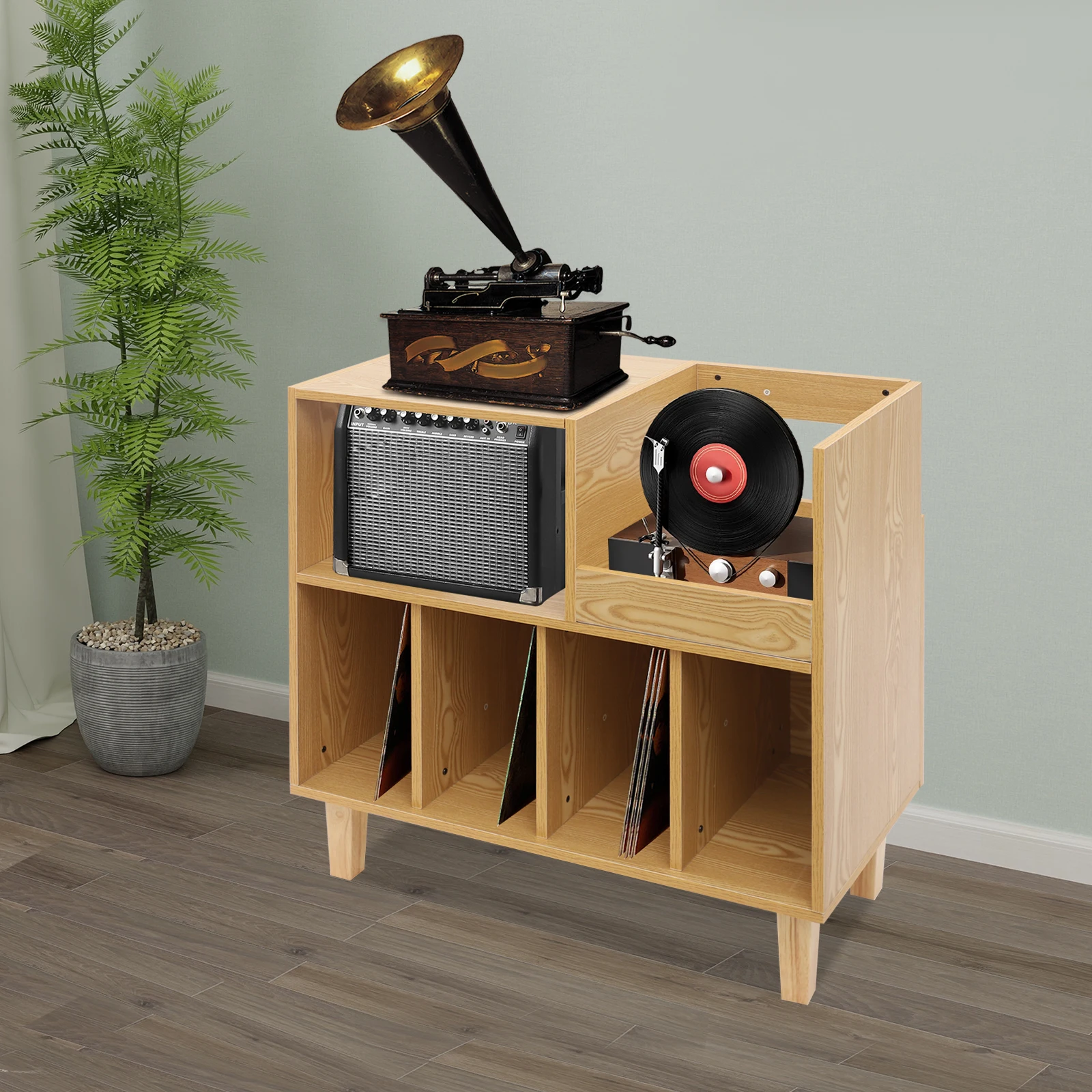 Image 4: Support de lecteur de disque vinyle, stockage d'effet en bois à 6 niveaux pour platine et disques, meubles Audio modernes 80x40cm