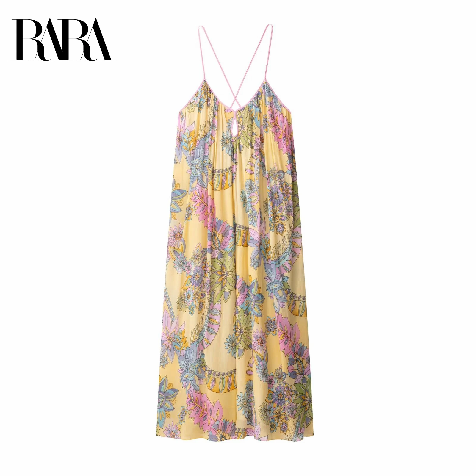 

RARA Women's Elegant and Sexy Vacation - style Plunging Neckline Sleeveless Spaghetti - Strap Mid - length Loose Printed Dress