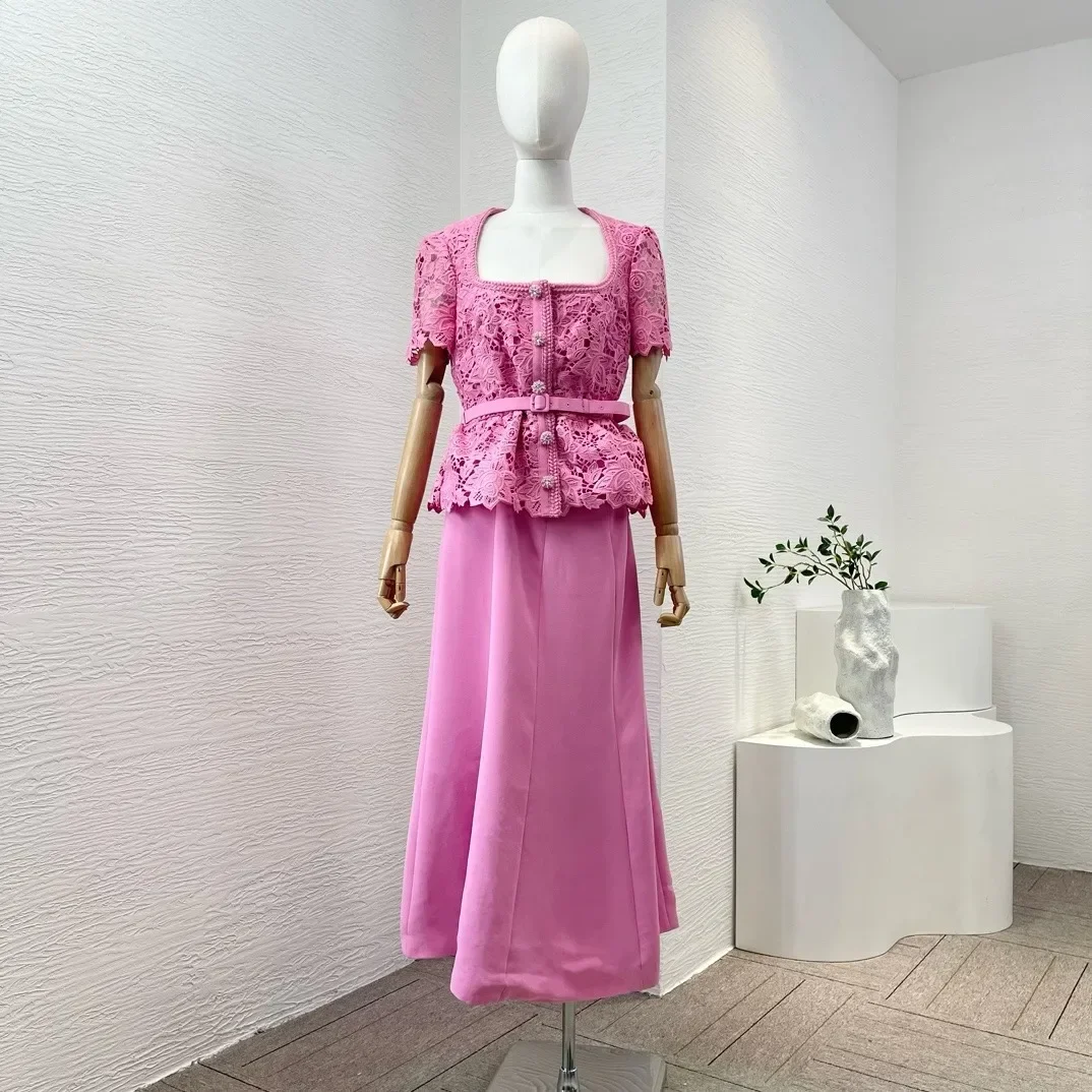 

Women Pink Lace Patchwork Square Collar 2024 Top Quality Spring Summer Short Petal Sleeve Front Buttons Closure Midi Dress