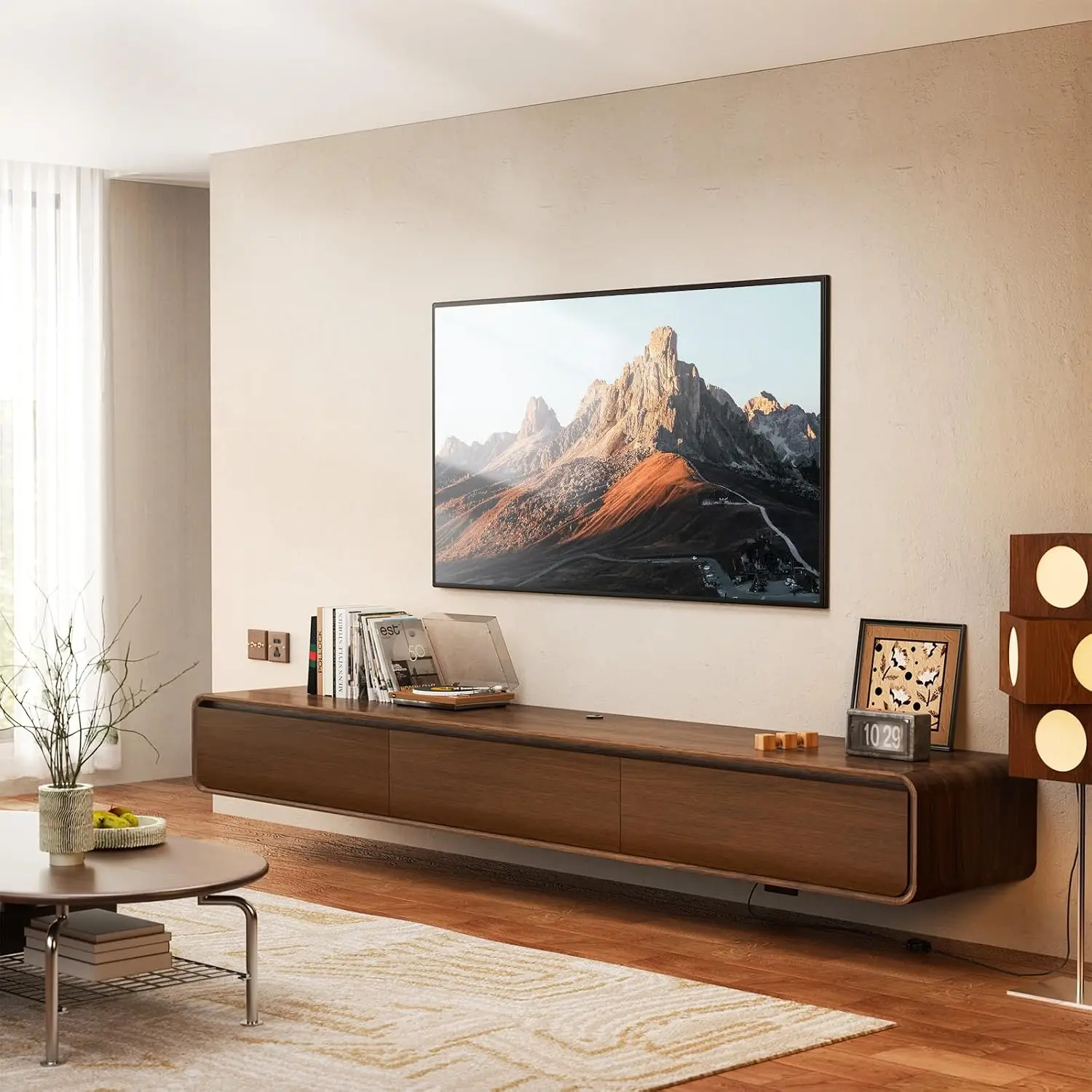 Walnut Floating TV Stand Wall Mount Entertainment Center 80 Inch TV Console Flip Door Cable Management Living Room, Customized