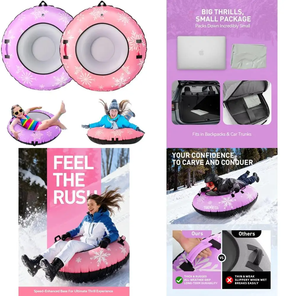 

Durable PVC Snow Tubes for Adults, 1 or 2 Pack, with Canvas Handle and Tow Strap for Winter Sledding Fun