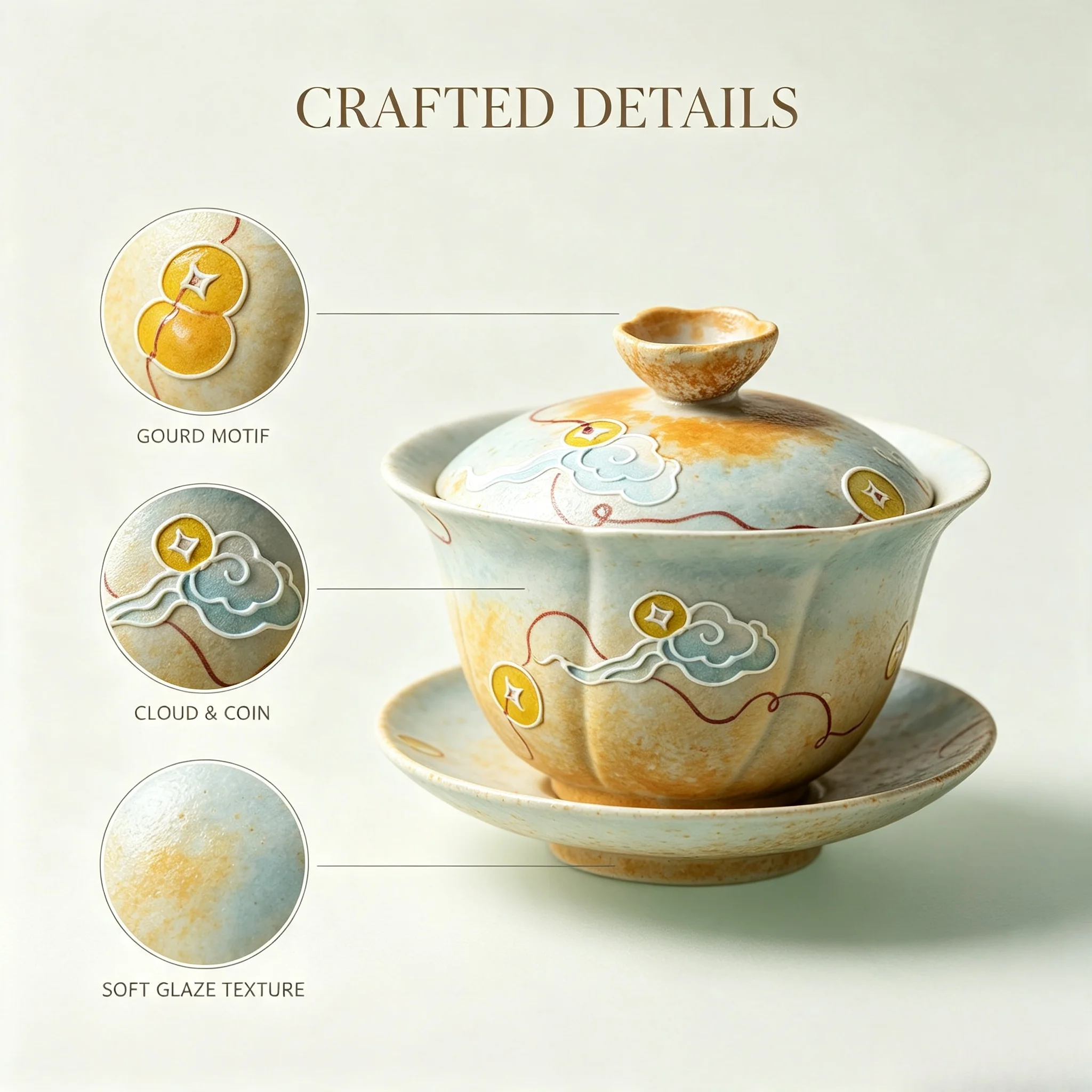 Hand Painted Lotus Petal Jingdezhen Retro Sancai Gaiwan Fortune Blessing Ceramic Kung Fu Tea Brewing Bowl Desktop Decor Gift