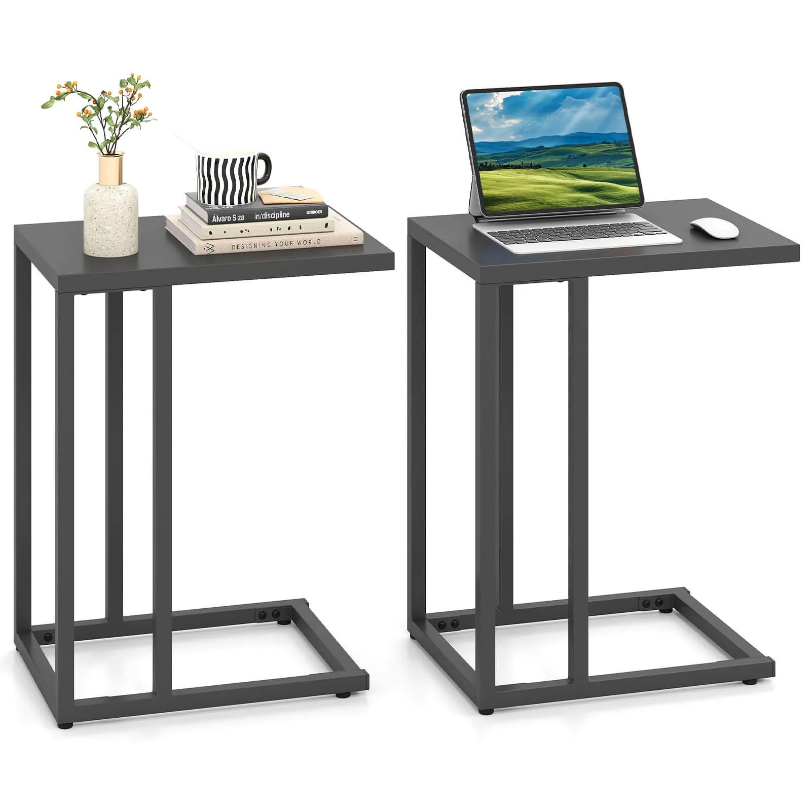 C Shaped End Table Set of 2 w/Metal Frame Sofa Table for Small Space Modern