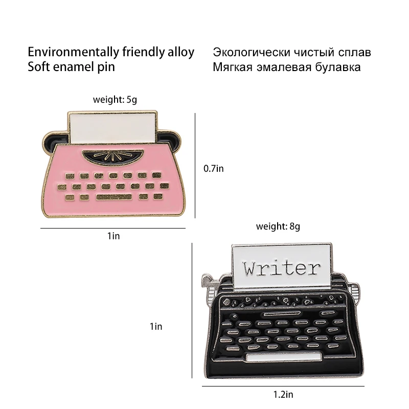 Vintage Typewriter Enamel Pin Pink Black Brooches for Backpack Clothes Lapel Pin Cartoon Badge Writer Jewelry Gift for Friends