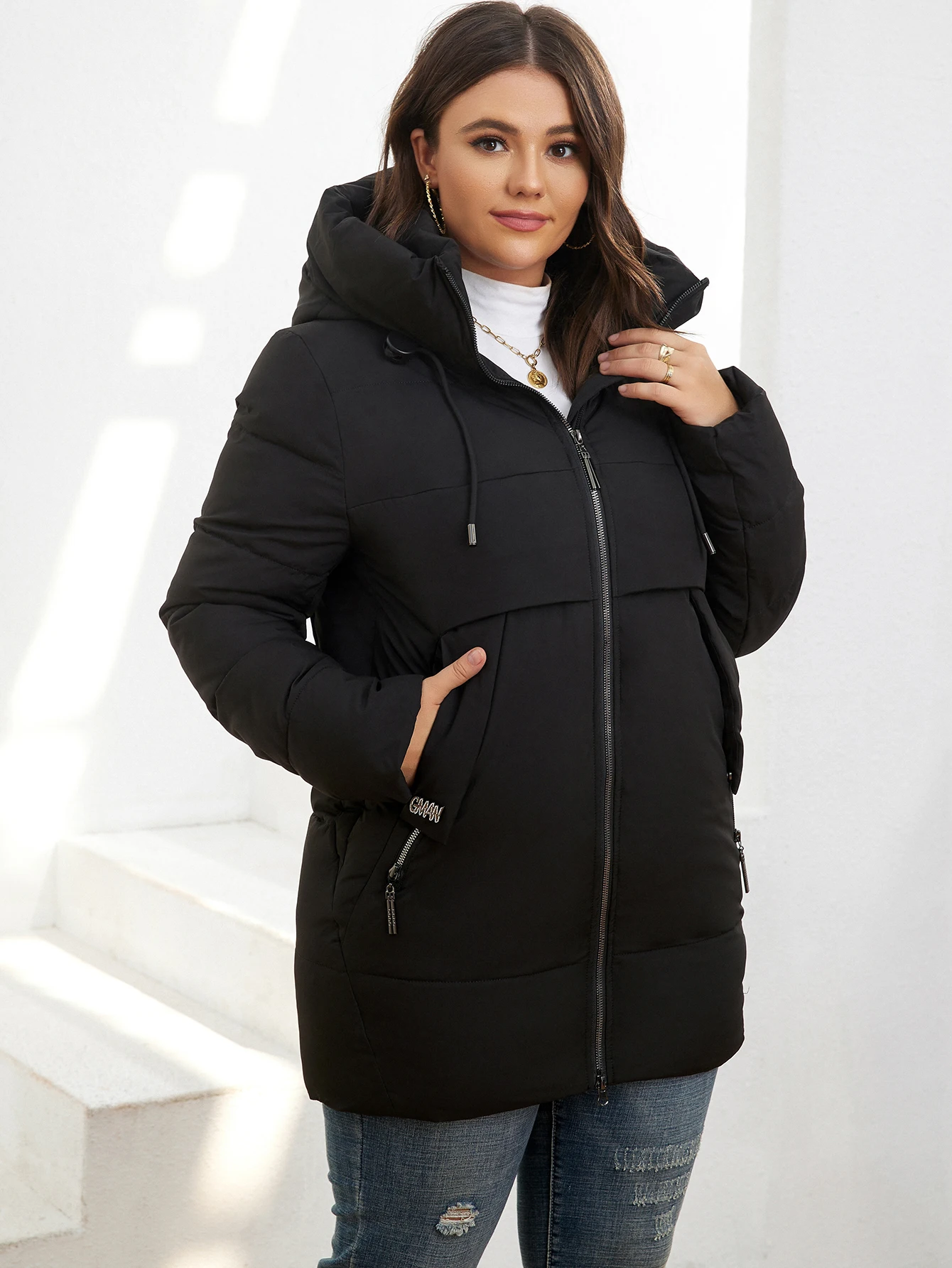 Cinemore-parka corta con capucha para mujer, chaqueta informal con bolsillo, de talla grande, a la moda, OutwearGM-82629