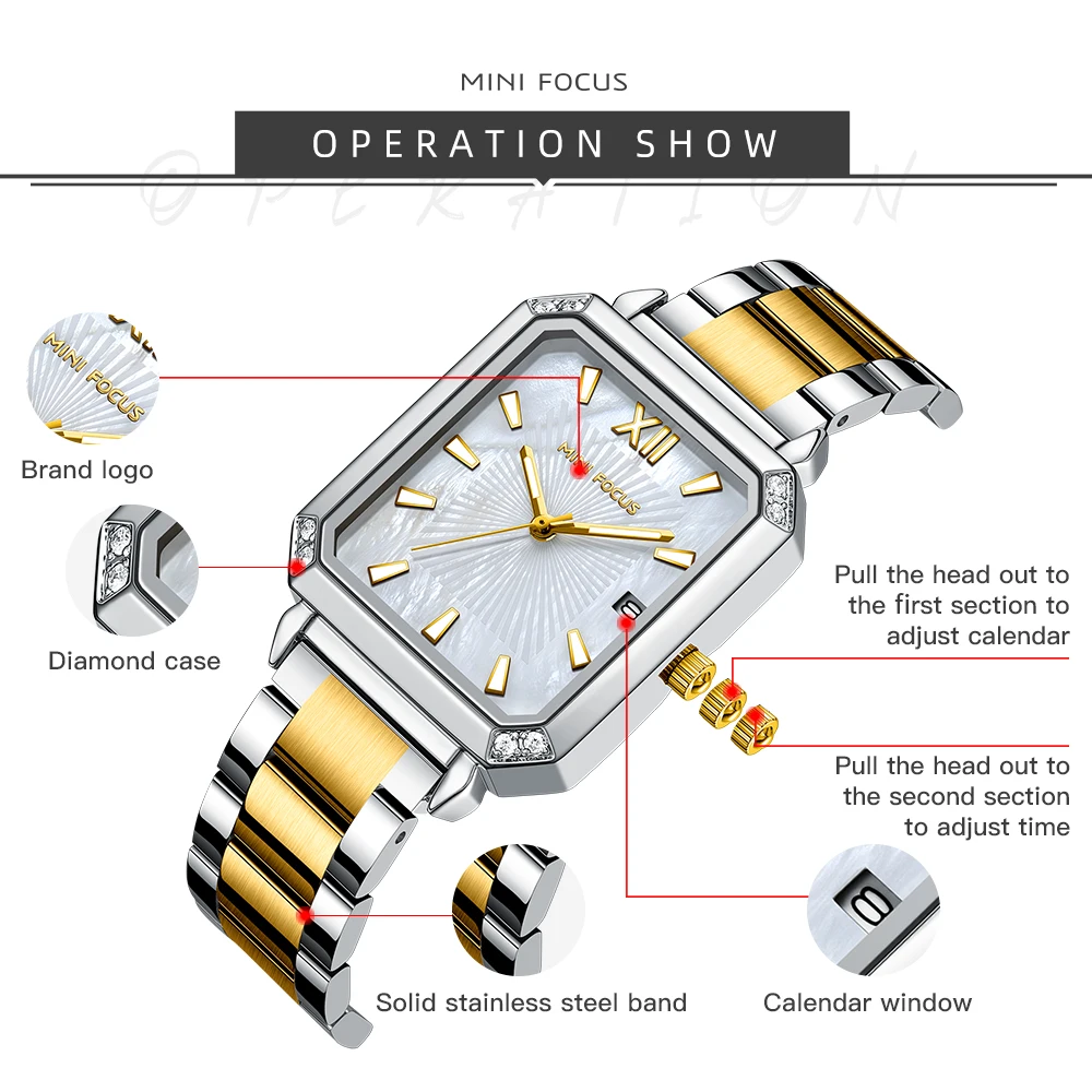 MINI FOCUS Casual and Fashion Quartz Watch Watches for Women Waterproof Chronograph Wrist Watch with Date Luminous Hands 0472L