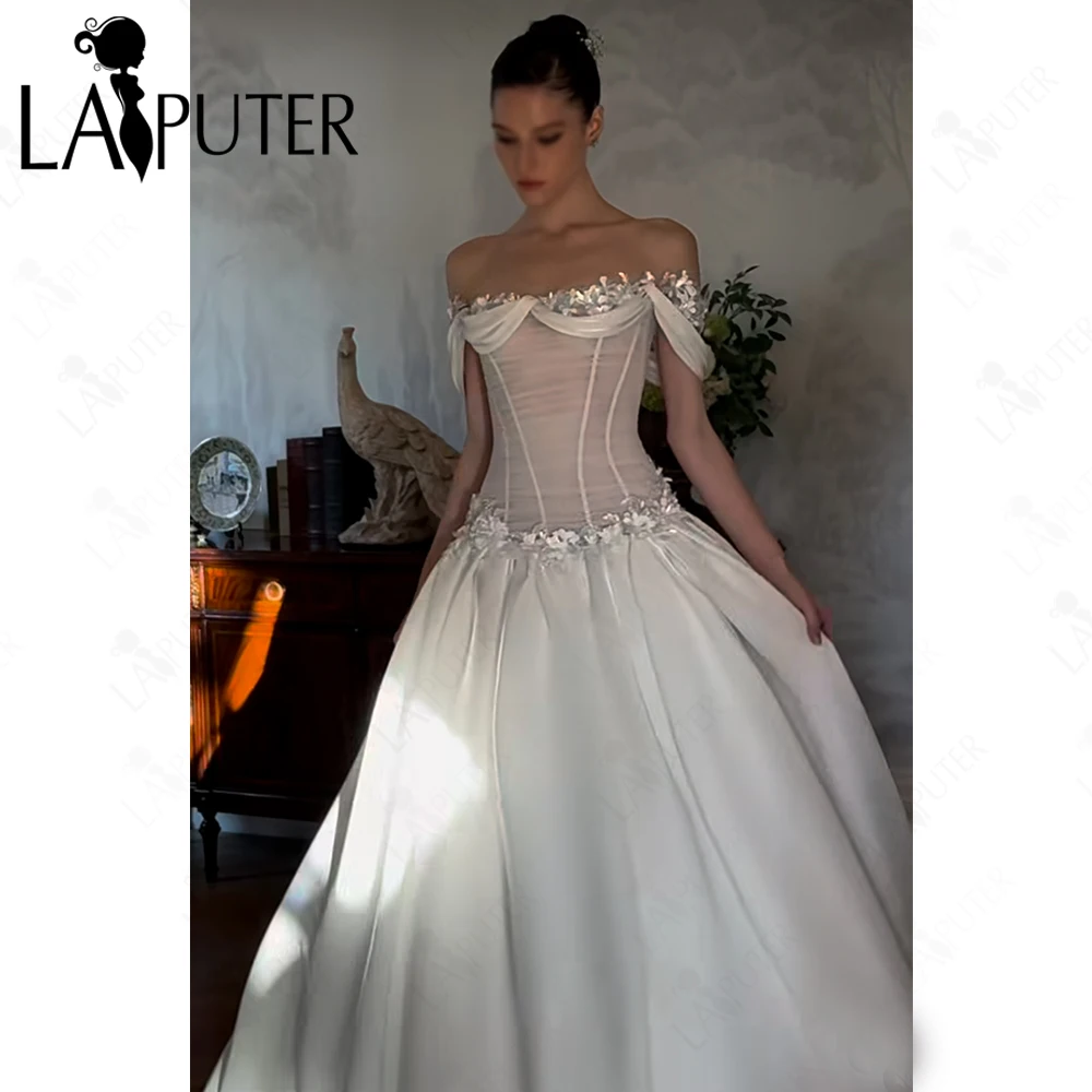 Dropped Illusion Bridal Wedding Dresses Mermaid Off Shoulder Prom Dress Illusion Nude Body Satin Bottom Bride Party Gown