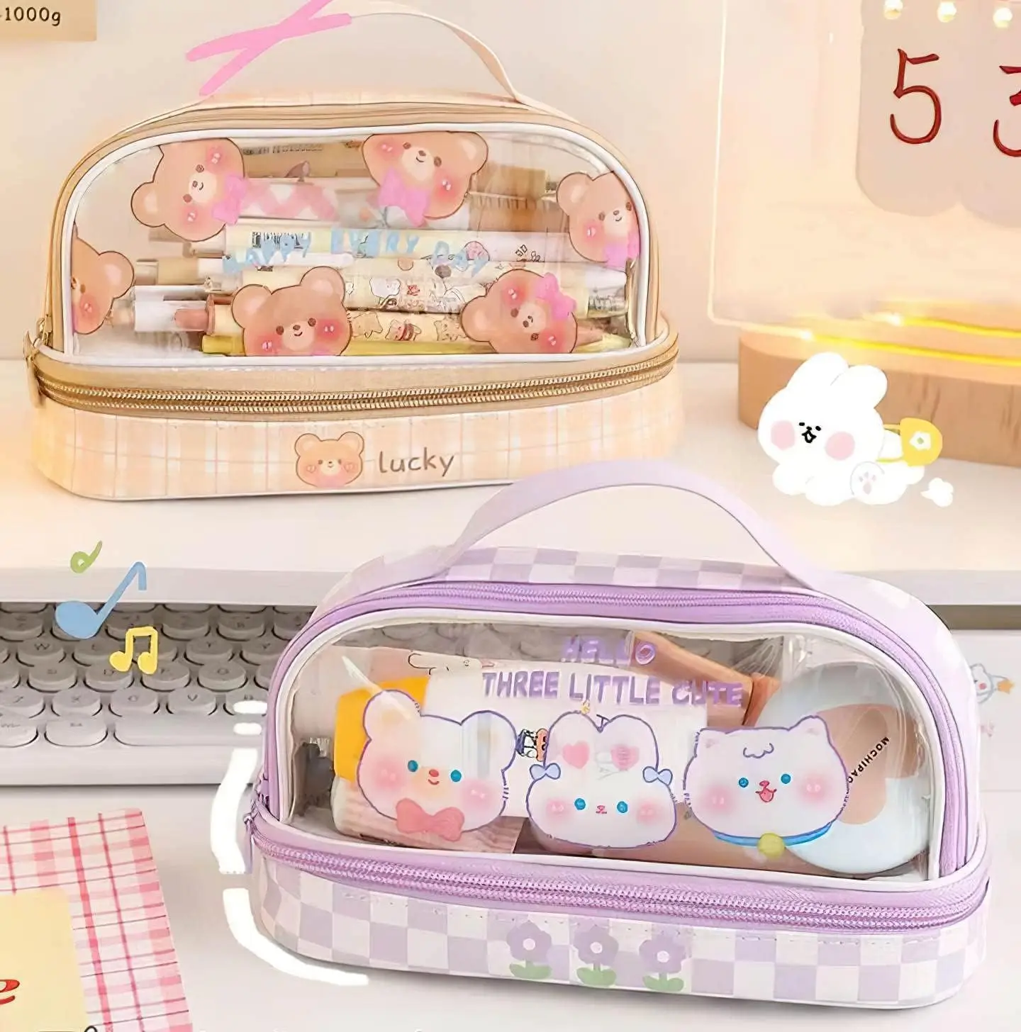 Kawaii Aesthetic Cute Pencil Case Bag Large Storage High Capacity Stationery with 2 Compartments Pouch Box Holder Organizer