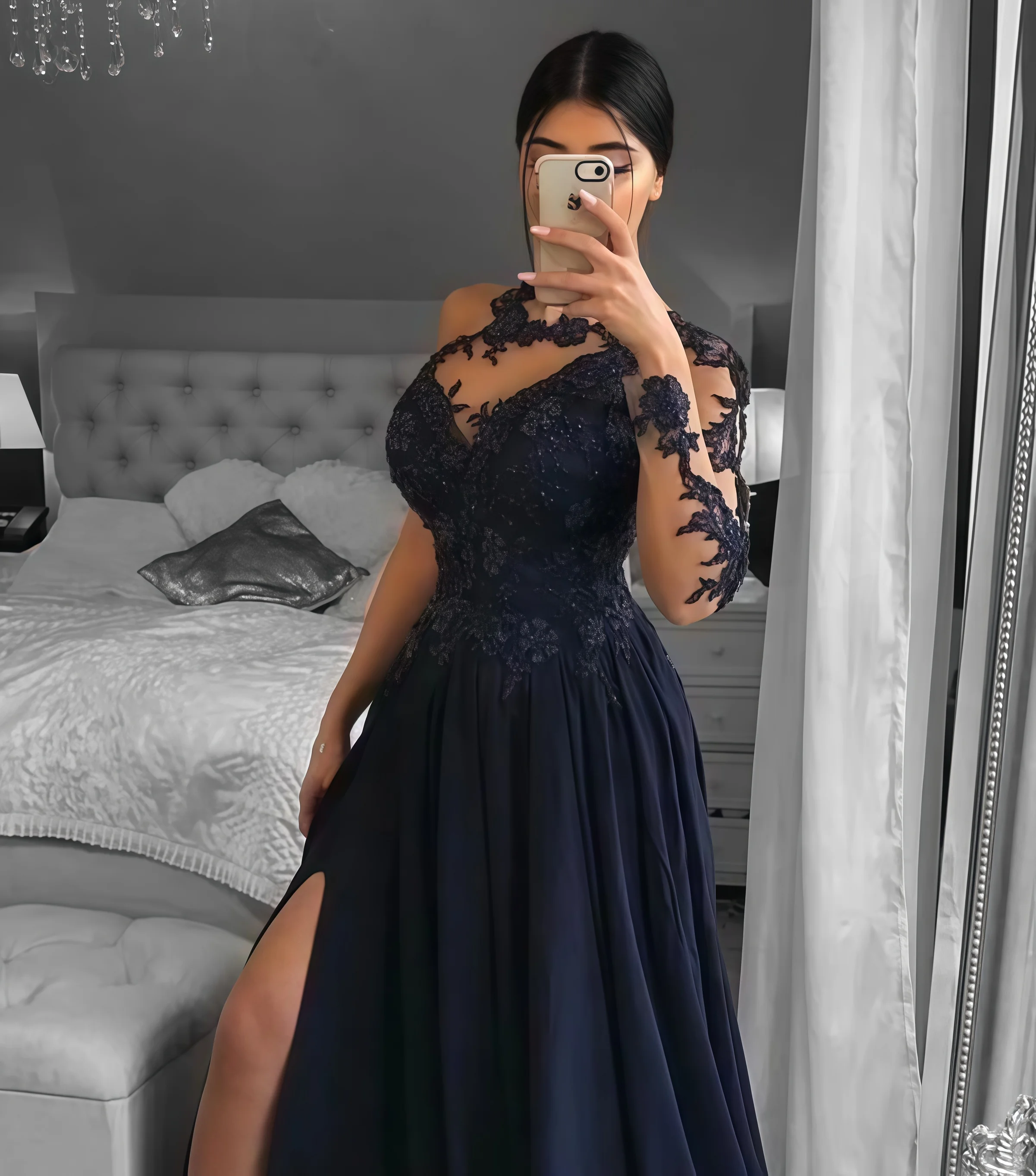 

Sexy Navy Blue Prom Dress Lace Chiffon A-Line Appliqué Side Slit Sheer Long Sleeve Special Occasion Bridesmaid Evening Dress