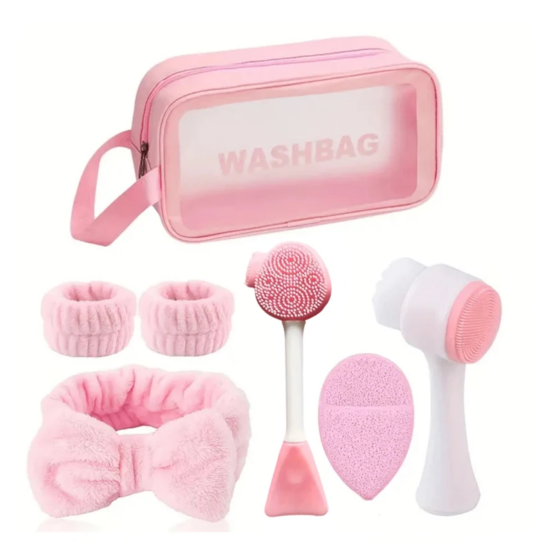 

Набор для макияжа и мытья лица из 7 предметов, включая 3 набора повязок на голову, 1 косметичка, 2 кисти для мытья лица и 1 пуховка.