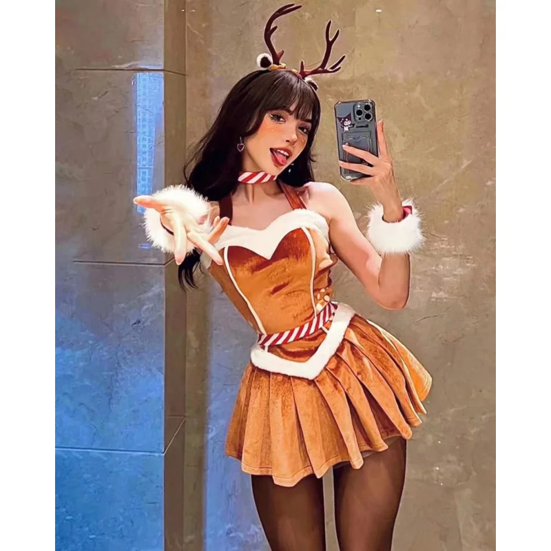 Mulheres Sexy Christmas Elk Vestido de coelhinho sem alças, Coelhinho Mini Saias, Fantasia Cosplay, Roupas de Ano Novo, Papai Noel, Rena, Menina