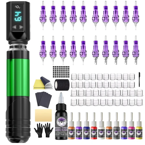 Kit de tatuaje LASTJUDG, Kit de pluma de tatuaje de aleación para maquillaje permanente, Kit de máquina de tatuaje, nuevo Kit de pistola de tatuaje inalámbrica verde