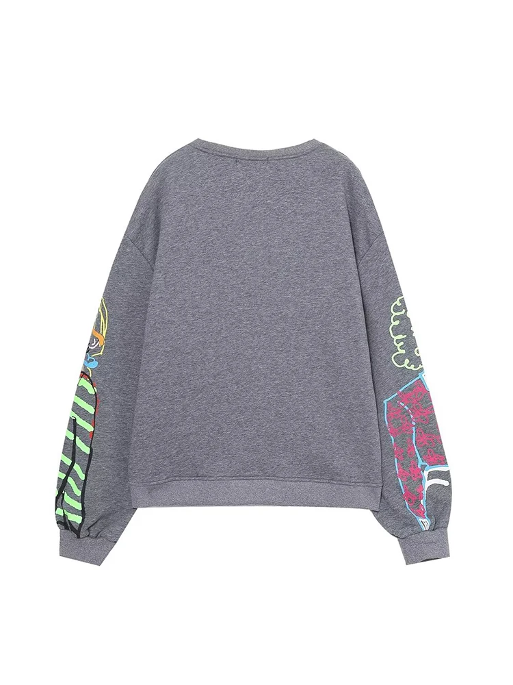 New Autumn Women Fashion Character Print Gray Sweatshirts Vintage Long Sleeve O Neck Female Loose Casual Pullovers