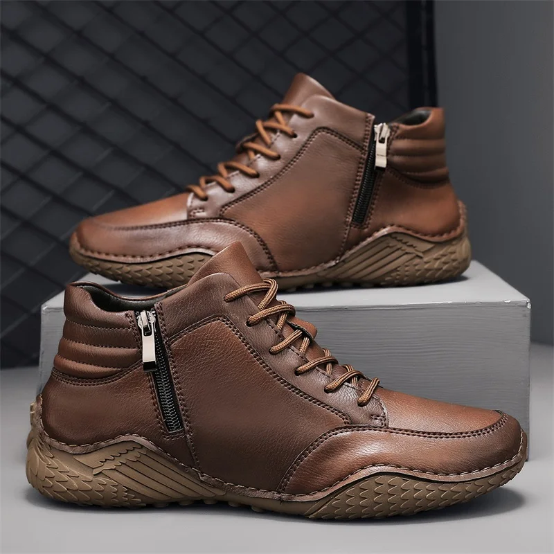 2024 New Fashion High-top Sewing Retro Fashion Leather Waterproof Men's Outdoor Leisure Cotton Shoes