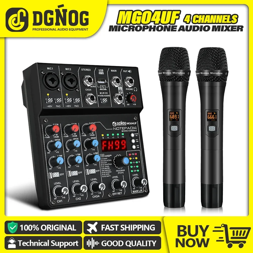 UHF Wireless Microphone with 4-Channel Audio Mixer Dual Handheld 99DSP Effects PC Recording DJ Console USB/Bluetooth Function