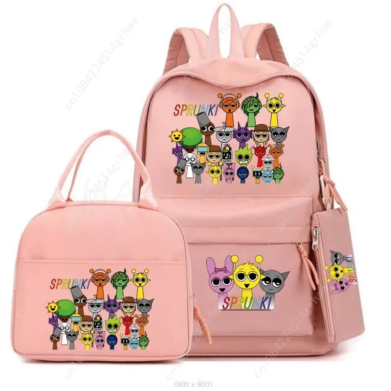 Tas Sekolah Anak Laki-laki Perempuan Sprunki 3Pcs/set, Ransel Warna-warni Remaja, Tas Buku Sekolah Kartun dengan Tas Makan Siang, Hadiah