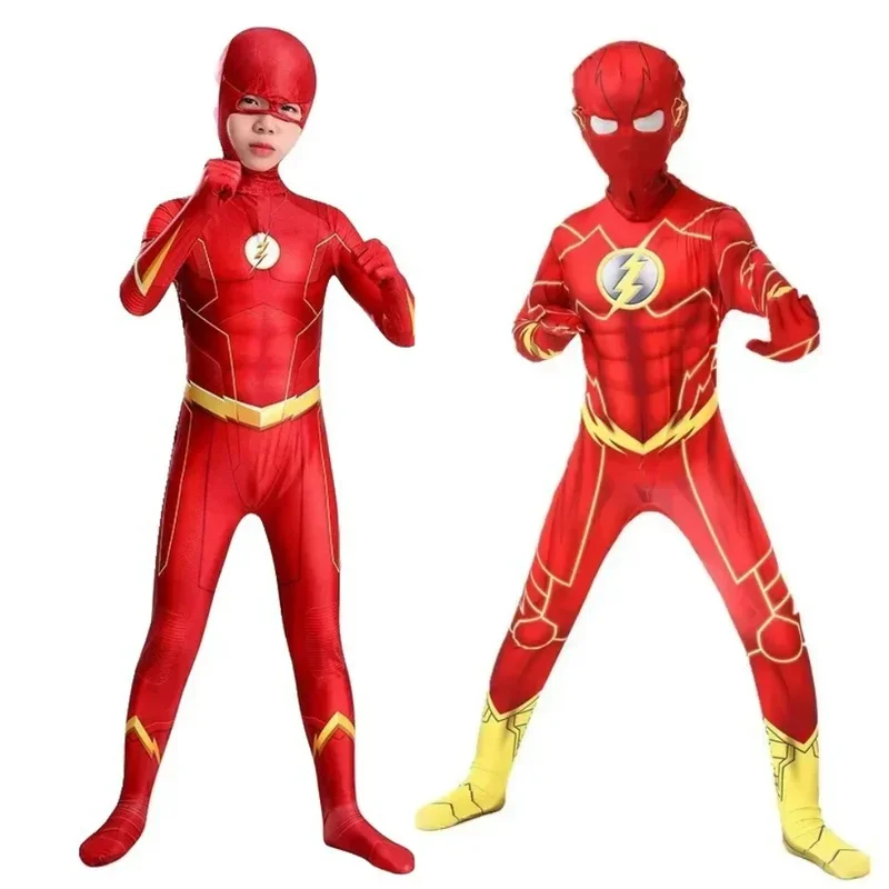 2025 New 2Pcs 2024 New Kids Flash Man Boys Cosplay Costume New Year Carnival Party Fancy Dress with Headgear Mask Sets AA