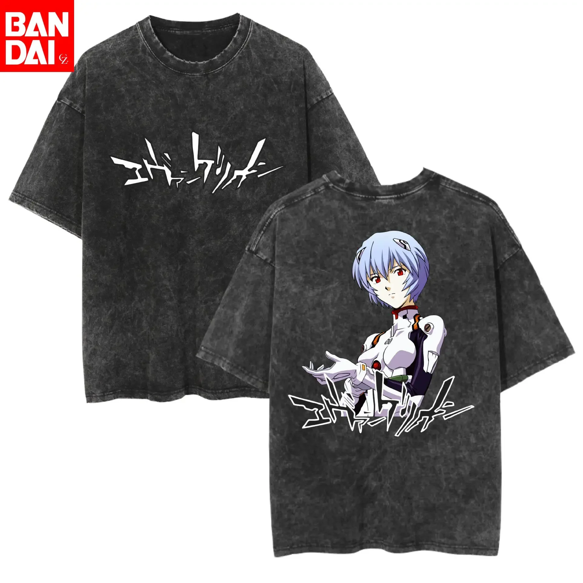 Neon Genesis Evangelion Rei Ayanami Double-sided Vintage Washed T Shirt 2026 Summer Oversized  Anime Graphic Tee for Men Women
