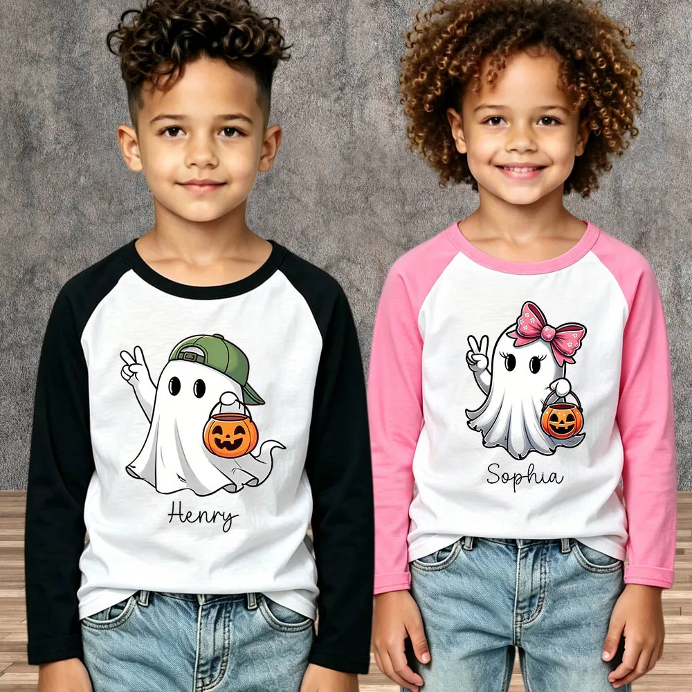 Halloween Custom Kids Name Shirt Toddler T‑Shirt Cute Ghost Print Personalized Gift Cotton Long Sleeve Boys Girls Children Tops