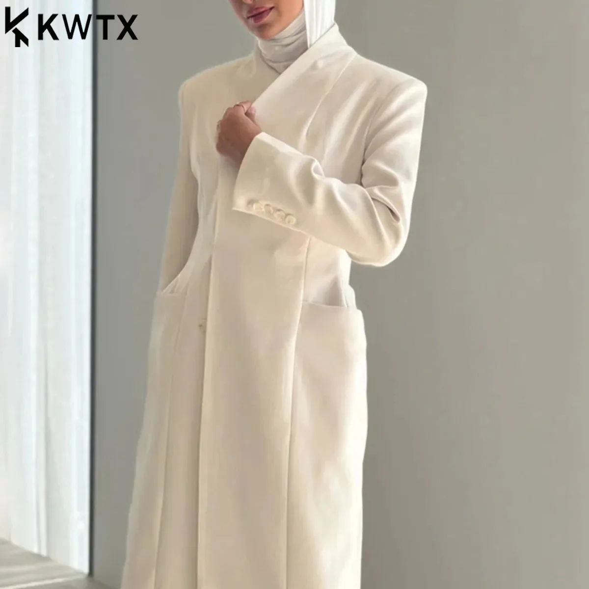 

KWTX 2025 new style popular long coat - pure color elegant outerwear for unique office outfit