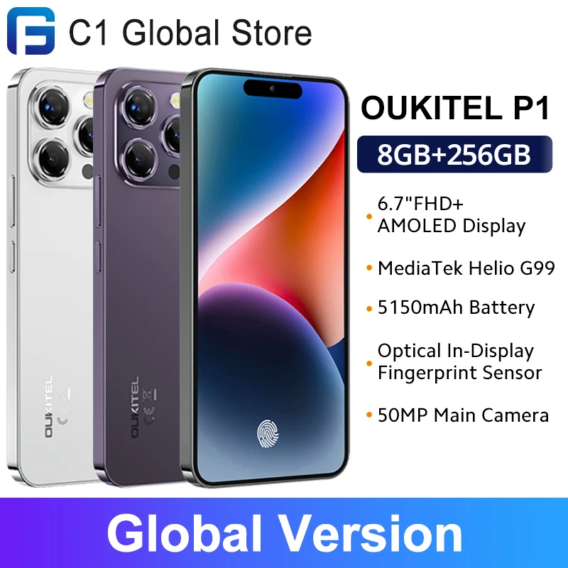 OUKITEL P1 Smartphone Global Version 6.7'' AMOLED Display 8GB RAM 256GB ROM MTK Helio G99 Octa Core 50MP Rear Camera 5150mAh NFC