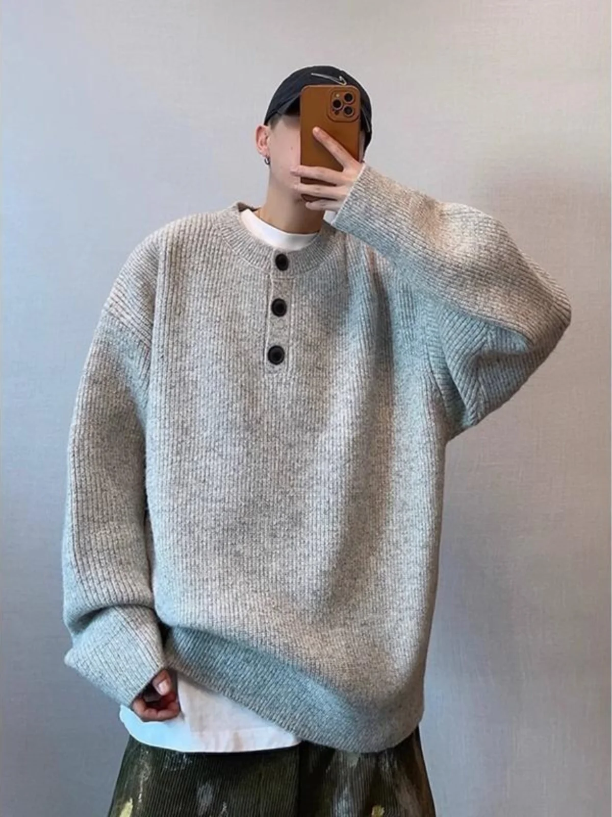 

Мужской модный свитер с воротником хенли, осенне-зимний, повседневный, с длинным рукавом, круглым вырезом, однотонный