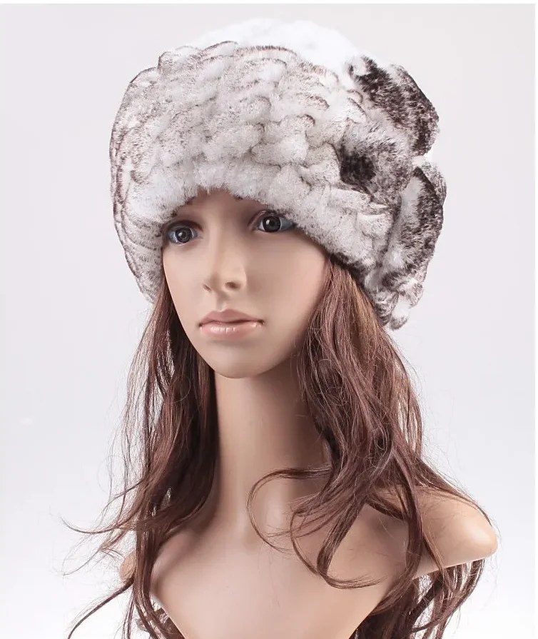 Natural Rex Rabbit Hair Knitted Cap Custom Floral Design Warm Fashion Fur Winter Hat for Women Autumn Season Accessory
