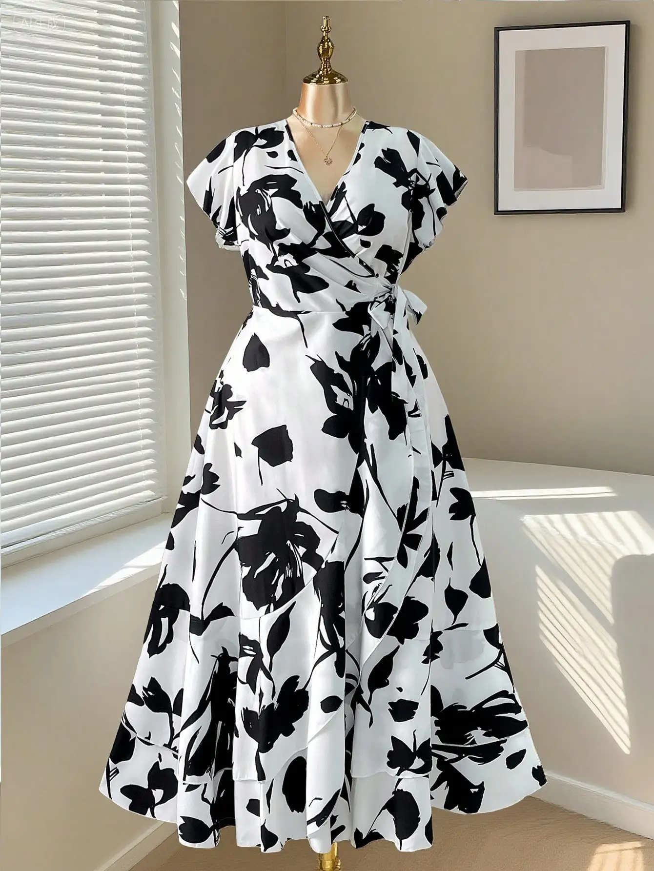 

Black and White Floral Wrap Dress with V-Neck and Tiered Skirt