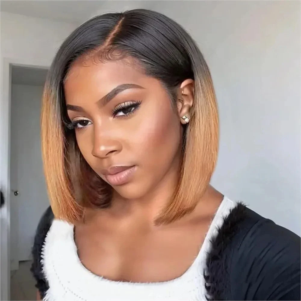 

Ombre Honey Blonde 1B/30 Short Straight Bob Wig 13x4 HD Glueless Lace Front Human Hair Light Brown for Black Women 10 Inch