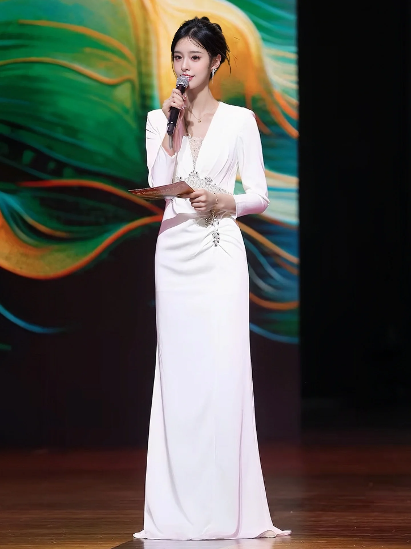 

Белое вечернее платье Ele для женщин: для сценических выступлений, сольного пения, дирижеров, больших хоров, ведущих, официальных мероприятий