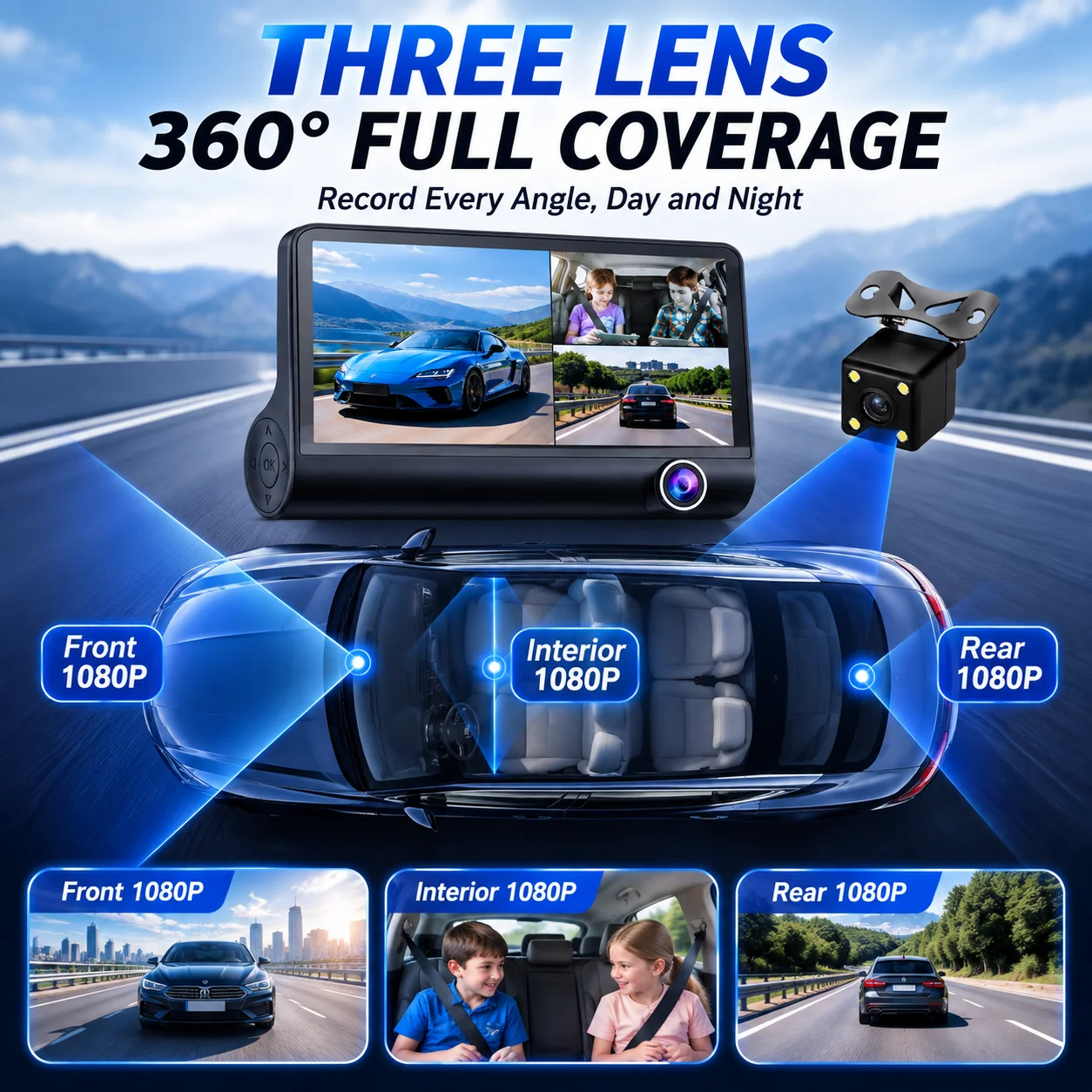 1080P Three Lens Dash Cam with 4 Inch IPS Screen Night Vision Loop Recording G Sensor 170° Wide Angle Motion Detection Car Camera