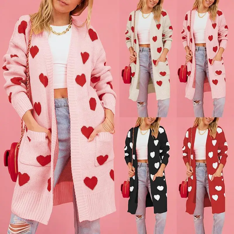 

Вязаный свитер большого размера с сердечками для женщин, средней длины, зимняя мода, Vntine's Day, специальное трансграничное издание