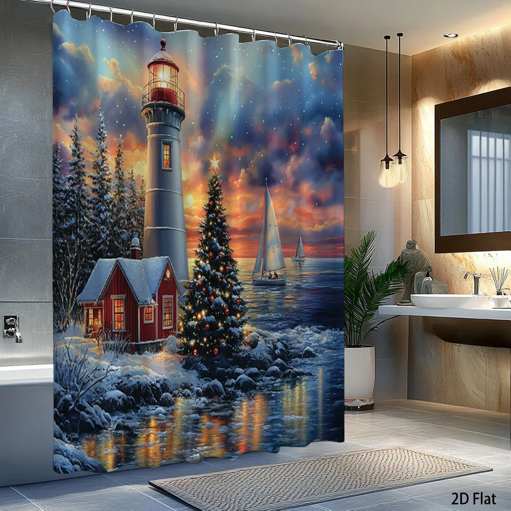 Waterproof Shower Curtain Lighthouse Coastal Winter Holiday Scene Ocean Sunset Bathroom Decoration Polyester Curtain Home Decor