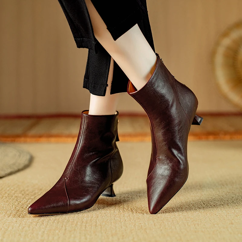 

Women's Genuine Leather Pointed Toe Brown Ankle Boots with Heels Female Black booties Woman Trends 2026 on Offer Footwear