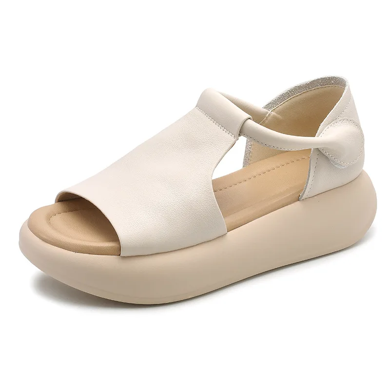 

5CM Genuine Leather Peep Toe Summer Ankle Booties Women Sandal Hollow Fashion Platform Wedge Flats Shoes Hook Flats