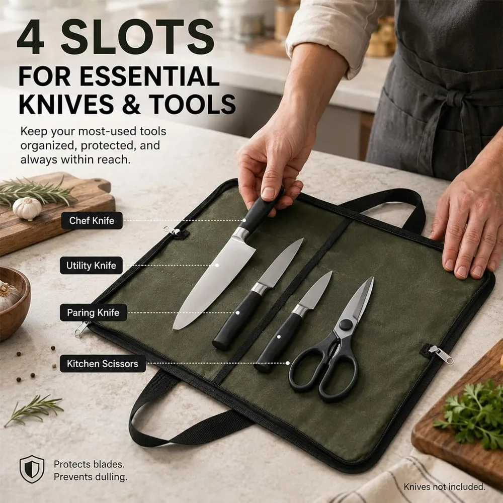 4 Slots Chefs Knife Roll Bag Cutlery Storage Case| Heavy Duty Waxed Canvas Pouches.Portable Handles Safely Carry Cooking Tools