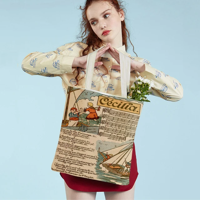 Vintage europa musica giornale donna Shopping Bag pieghevole tela Tote borse firmate stampate borse a tracolla Shopper da viaggio AliExpress