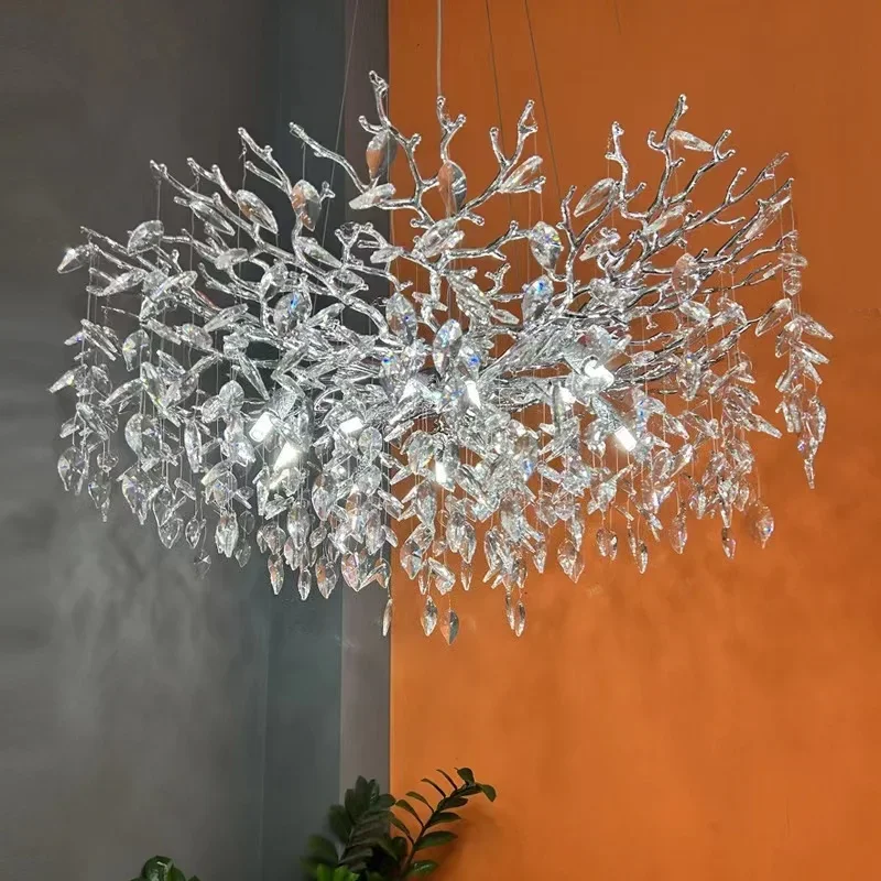 New Italian Ceiling Chandelier Silver Light Luxury Villa Living Room Dining Room Lamp Tree Branch Design Crystal Chandeliers