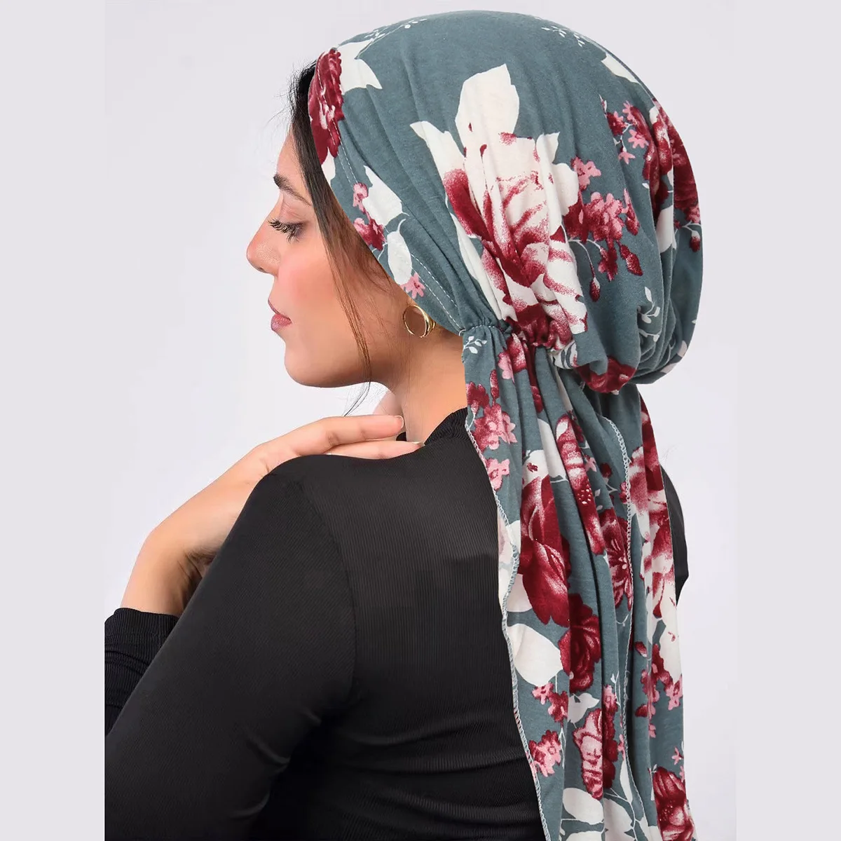 Ramadan Women Muslim Hijab Caps Wrap Head Soft Elastic Long Tail Turban Bonnet Fashion Print Headdress Wearable