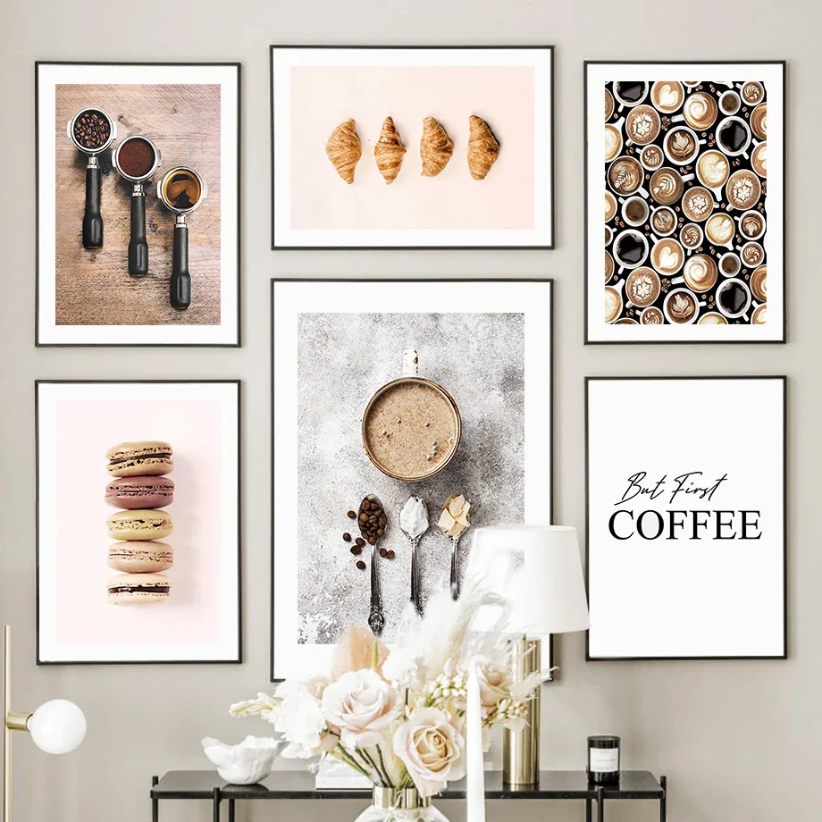 1 pieza sin marco, cuadro decorativo de pared con diseño de granos de café, macaron, pastel y croissant, pintura en lienzo, pósteres y grabados nórdicos, cuadros de pared para cocina.