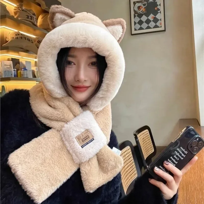 Hat Scarf Integrated Women\'s Winter Versatile Cute Plush Hat Warmth Winter Thickened Anti freezing Windproof Hooded Neckband