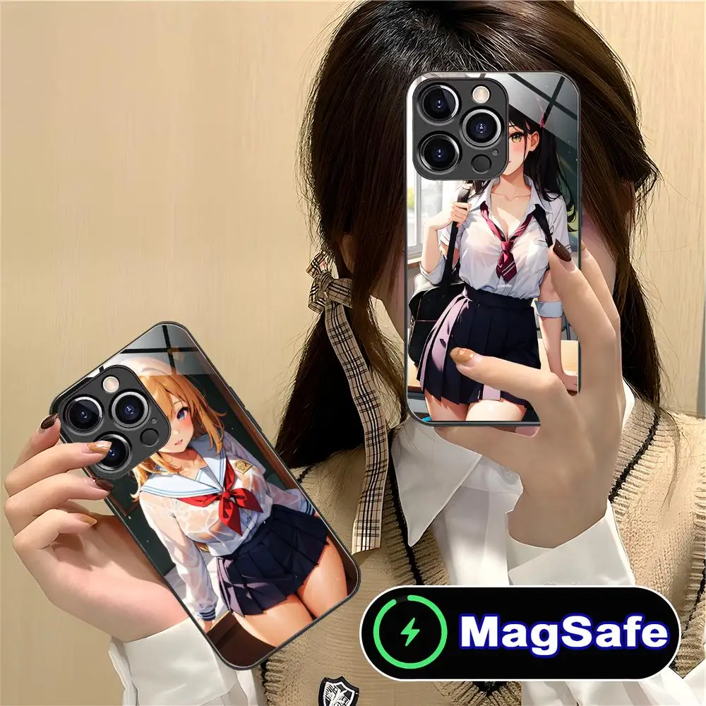 JK زي مدرسي فتاة قضية الهاتف آيفون 16 15 14 13 12 11 برو ماكس زائد Mini MagSafe زجاج اللون واقية غطاء فاخر #4