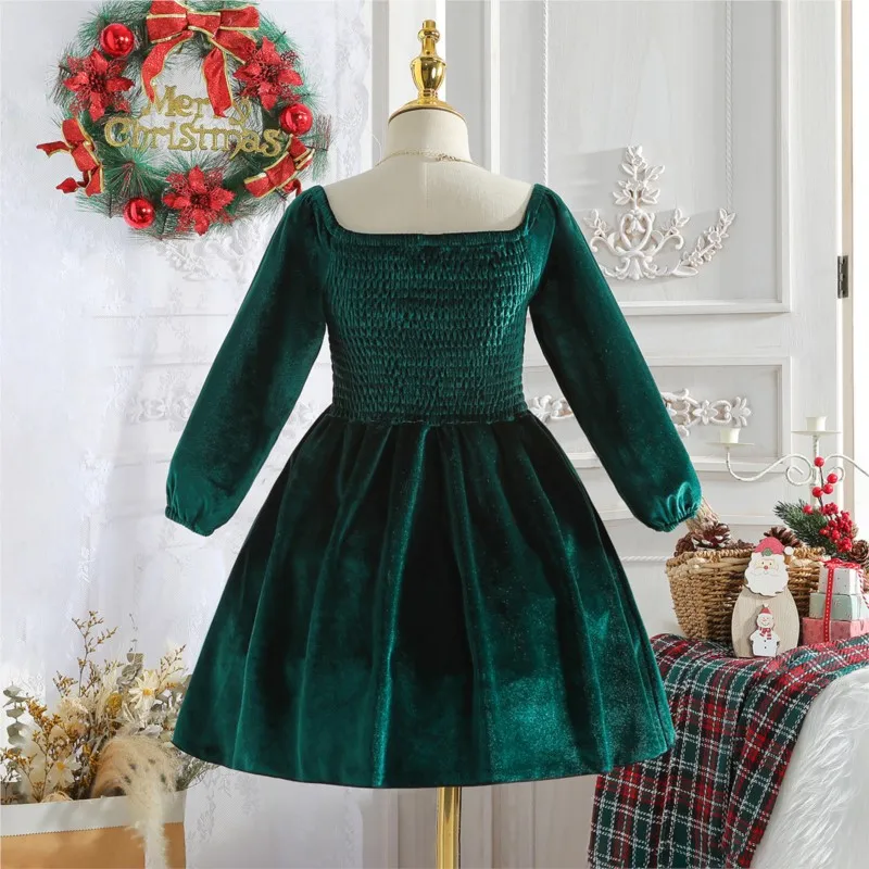 Girl Princess Velvet Dress Long Sleeve Spring Autumn Winter Child Vestido Red Green Party Birthday Christmas Baby Clothes 1-5Y