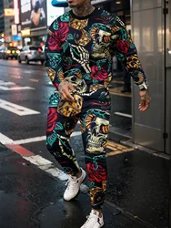 Men's Tracksuit Casual 3D Skull Print 2 Piece Sets Long Sleeve T-Shirt+pants 2pcs Set Fashion Outfits Oversized Unisex Clothing