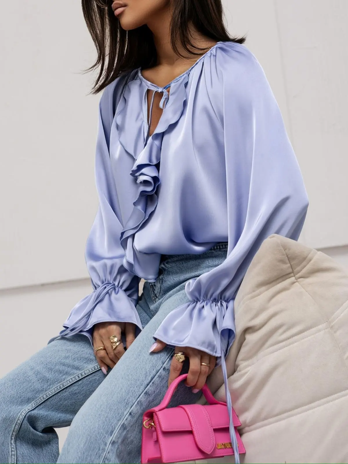 Woman Satin Ruffle Trim Blouse Long Sleeve Tie Neck Flared Cuff Elegant Casual Top with Multiple Colors