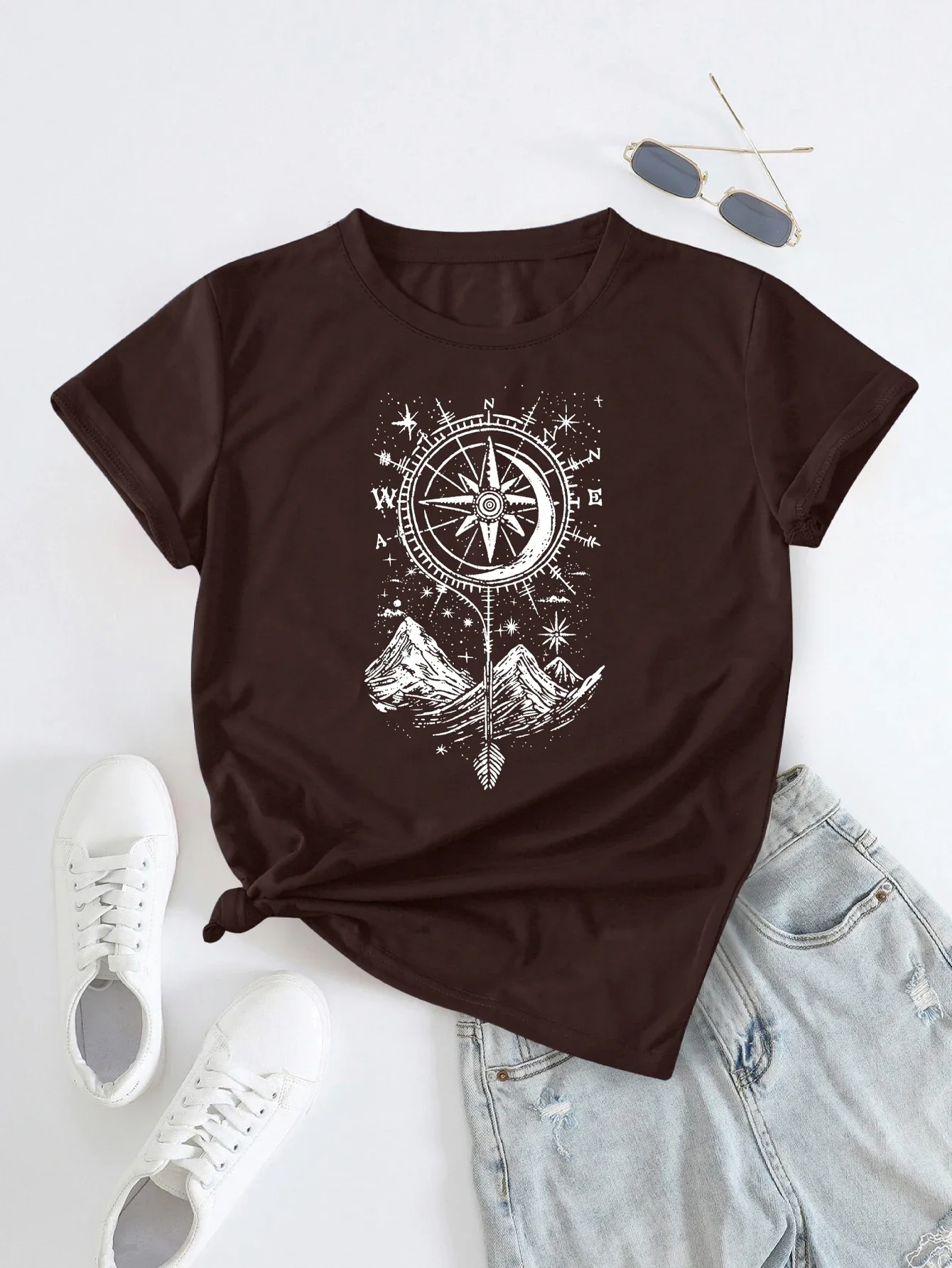 Explorer\'s Compass and Mountain with Design Print T-shirt Short Sleeve Crew Neck Casual Top For Summer&Spring Women\'s Clothing