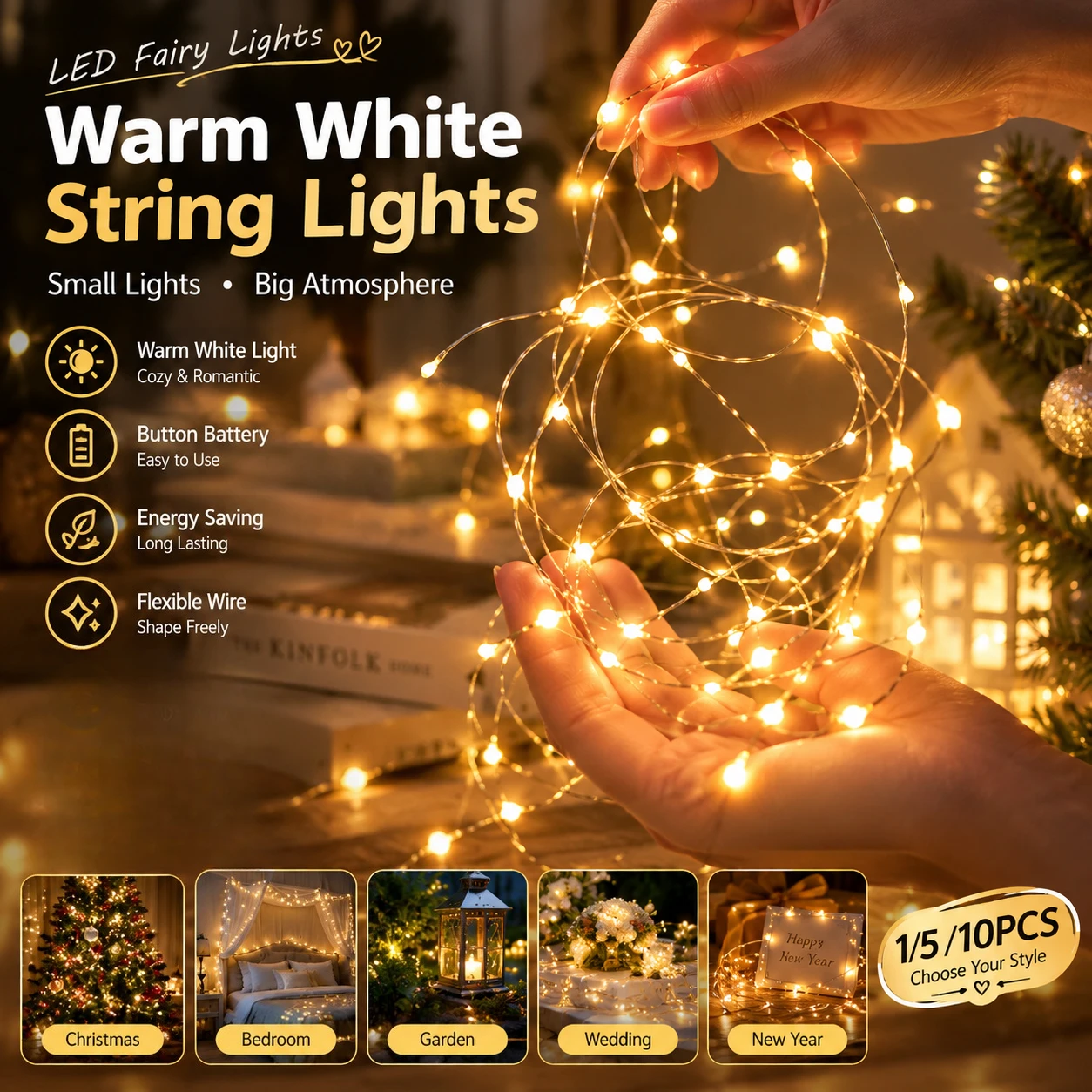 Micro LED String Lights Button Battery Wedding Christmas Garland for Living Room Bedroom Wall New Year Celebration Lighting